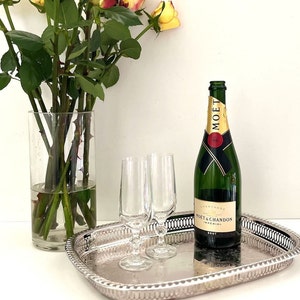 Classic Vintage Silver Etched Tray with Cut Out Pattern with champagne and flowers