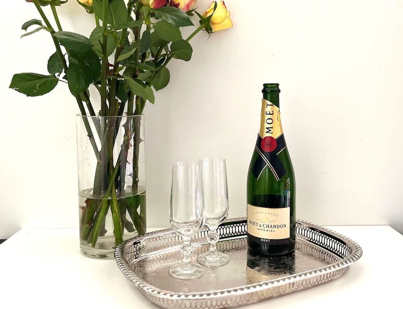 Classic Vintage Silver Etched Tray with Cut Out Pattern with champagne and flowers