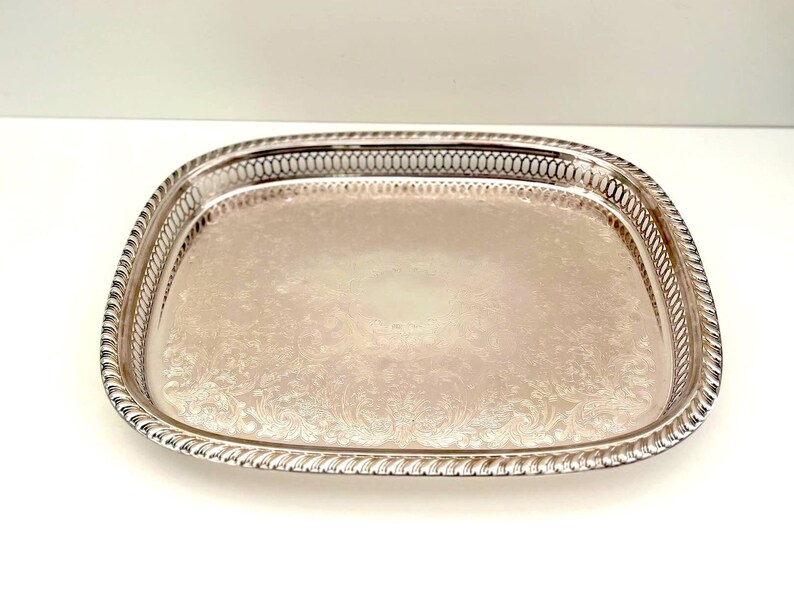 Classic Vintage Silver Etched Tray with Cut Out Pattern