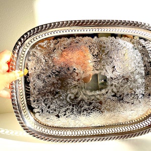 Classic Vintage Silver Etched Tray with Cut Out Pattern