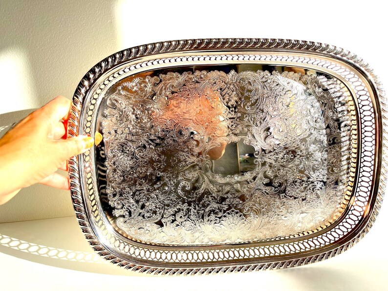 Classic Vintage Silver Etched Tray with Cut Out Pattern