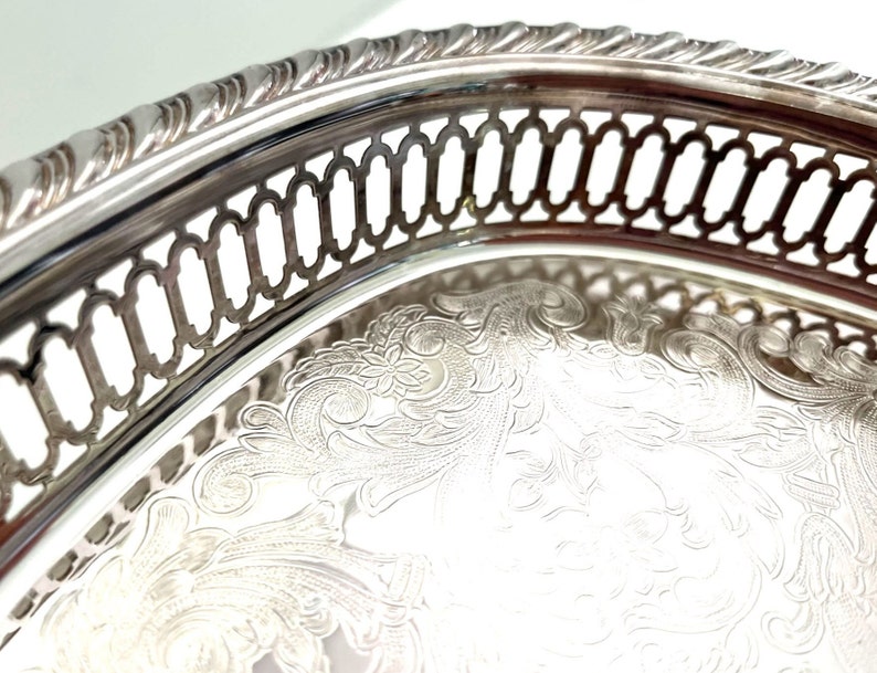 Classic Vintage Silver Etched Tray with Cut Out Pattern Detail