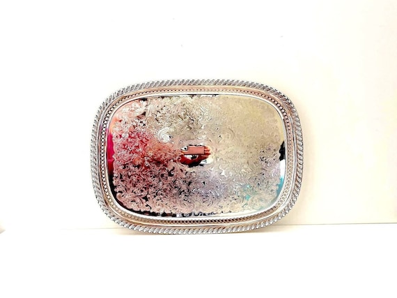 Vintage Silver Tray with Cut Outs | Classic Silverplated Elegant Server | Metal Etched Tray | Fine Dining Servingware | Silver Dresser Tray