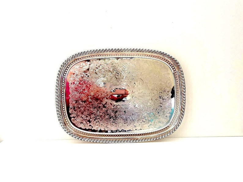 Classic Vintage Silver Etched Tray with Cut Out Pattern