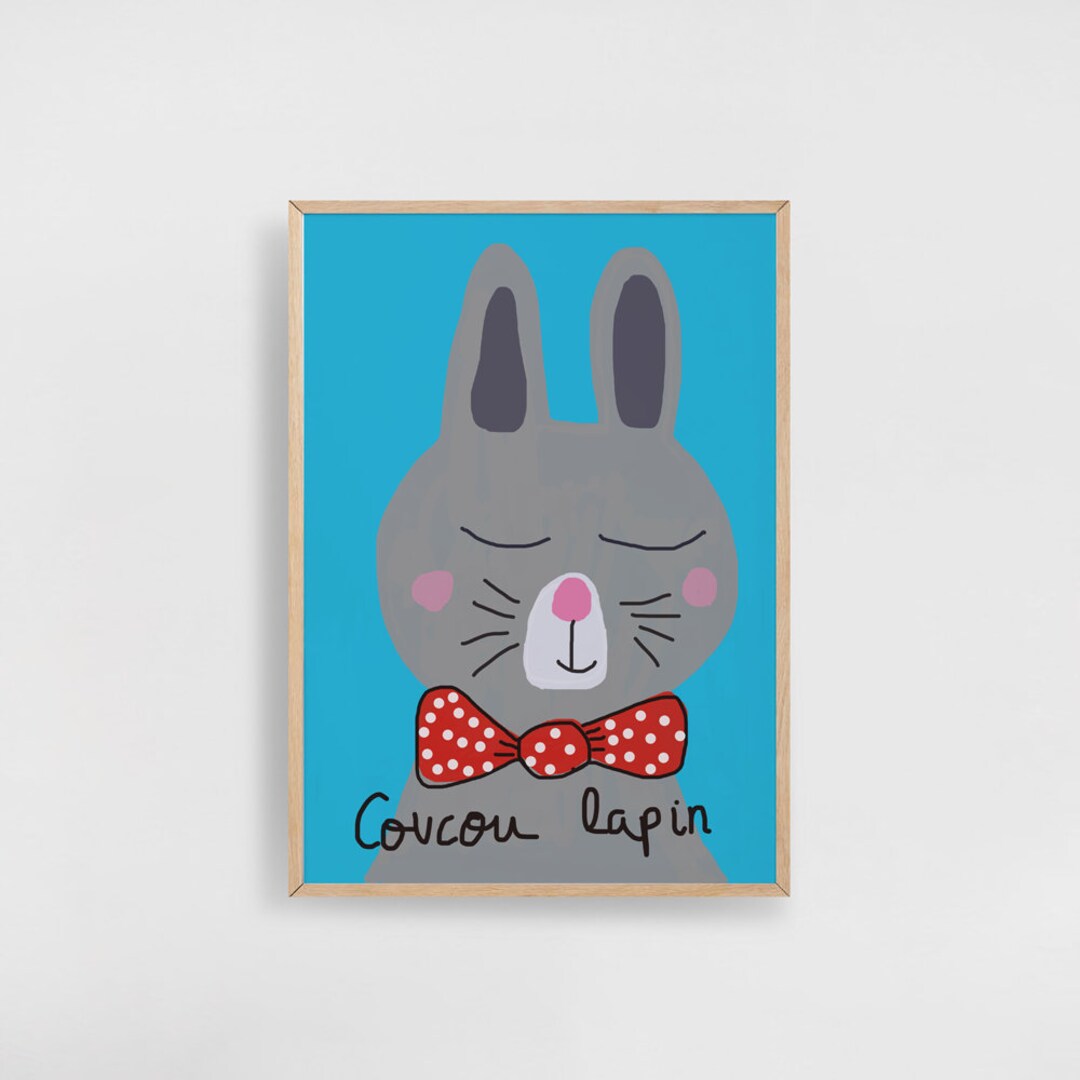 Rabbit Illustration Print, Printable Wall Art for Children, Blue ...