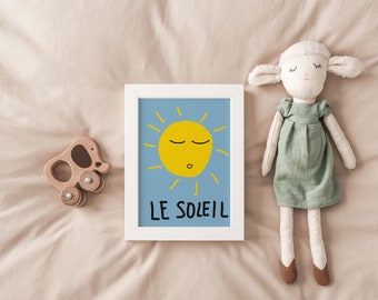 Impresión de arte de ilustración digital para niños, Arte de pared para niños, Ilustración del sol, Arte de pared del sol, Póster infantil azul y amarillo
