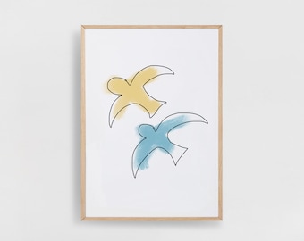 Impresión de ilustración abstracta, Arte de pared imprimible para niños, Póster de ilustración digital de pájaros, Arte de pared de ilustración para niños