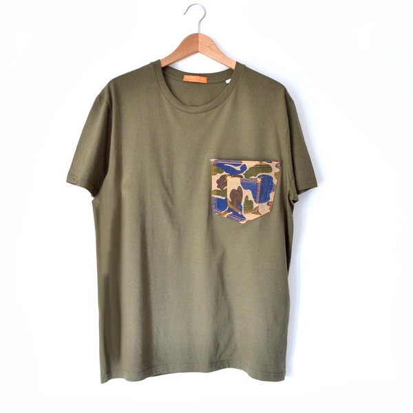 Olive Camo Remix.  Reworked Organic Cotton T-Shirt. Pimped w/ 2 vintage Carhartt Klondike pants pocket. Medium fitted SIZE L