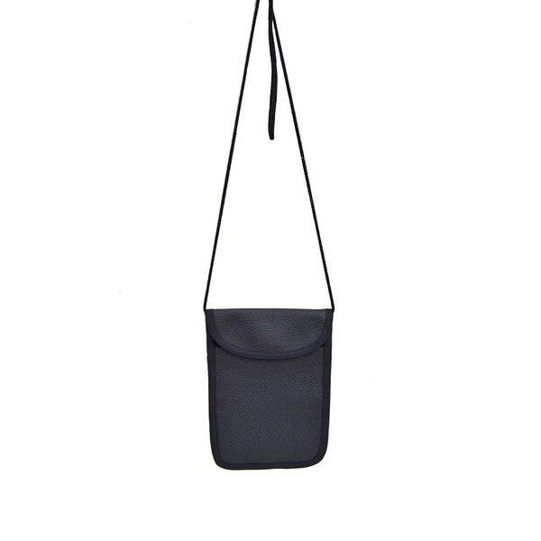 Pochette poitrine en cuir noir - Pochette de cou - Petit sac bandoulière - Mélange cuir / denim / coton japonais