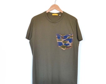 Olive Camo Organic Cotton T-Shirt. Pimped w/vintage Carhartt Klondike pants pocket. SIZE M