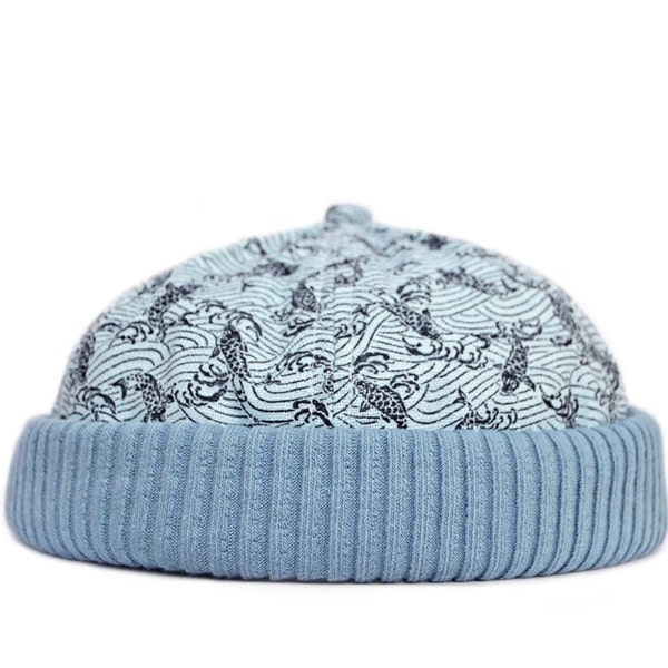 Casquette docker japonaise à bord tricoté - Petits poissons Koi motif eau/vagues sur un tissu de coton léger et aéré, doublée de batiste. Taille : M/L