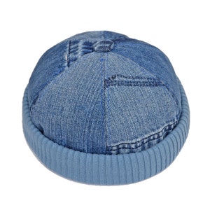 Fisherman Cap, used denim, with knitted fake roll-up brim. Fully lined with Japanese cotton/linen fabric. Size M approx. 58.0 cm.