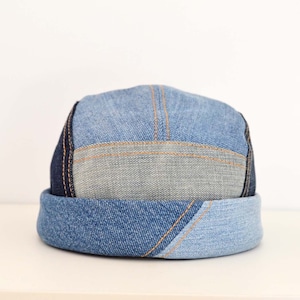 Recycled denim Docker Cap. Handmade unique piece. 5 Panel Denim Docker in different shades of blue. Adjustable one size M-L