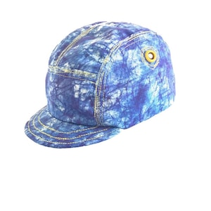 5 Panel individual handmade Base Cap. Short visor, lightweight cotton. Printed tie-dye vivid blue fabric. Yellow contrasts. Size small 55.0