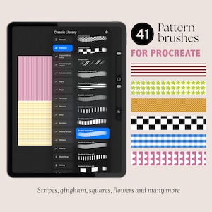 Procreate Pattern Brush Set | 41 Seamless Brushes | Stripes, Dots, Flowers, Checkered & Gingham Brushes | iPad Digital Download