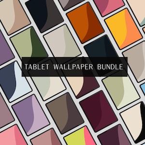 May include: A digital art image featuring a collection of tablet wallpapers. The wallpapers are arranged in a grid pattern, each with a unique color palette. The colors include shades of orange, yellow, green, purple, and brown. The text "TABLET WALLPAPER BUNDLE" is displayed.