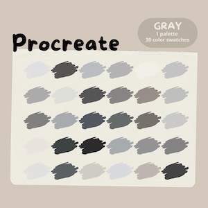 Op de afbeelding: Een digitaal kunstpalet voor de Procreate-app, met 30 grijze kleurstalen. Het woord "Procreate" is geschreven in een vetgedrukte, zwarte letter. Een kleine, grijze ovaal geeft aan dat het palet "GRAY" is.