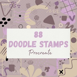 Op de afbeelding: Digitale kunstafbeelding met een lichtpaarse achtergrond met diverse doodle-elementen. Een witte rechthoek in het midden toont de tekst "88 DOODLE STAMPS Procreate" in lavendelkleur.