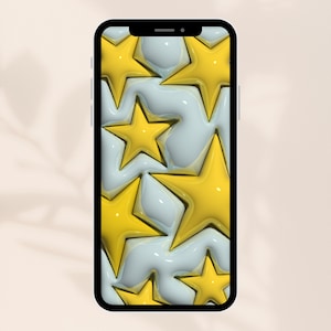 Op de afbeelding: Een smartphone toont een wallpaper met een patroon van gele, glanzende, vijfpuntige sterren tegen een lichtblauwe, golvende achtergrond. De sterren hebben een 3D-effect, waardoor diepte ontstaat. De telefoon heeft een zwarte rand.