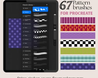 Procreate Mönsterpenselset | 67 Sömlösa Penslar | Ränder, Prickar, Blommor, Rutiga & Ginghampenslar | Digital Nedladdning för iPad