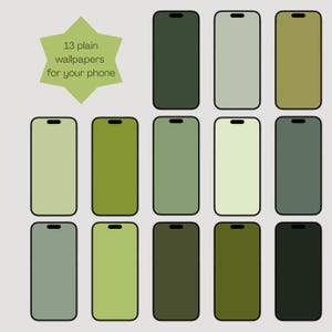 Puede incluir: Una colección de 13 fondos de pantalla verdes lisos para teléfono en varios tonos, de claro a oscuro. La imagen incluye una forma de estrella verde claro con el texto "13 fondos de pantalla lisos para tu teléfono."