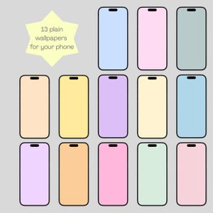 May include: A collection of 13 phone wallpapers in pastel colors, including blue, pink, green, and yellow. Each wallpaper has a black border and a black notch at the top. Text reads "13 plain wallpapers for your phone."