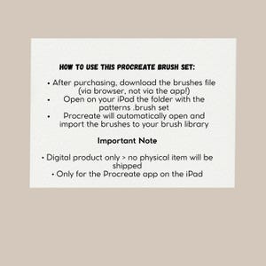 Op de afbeelding: Een witte informatiekaart met zwarte tekst getiteld HOW TO USE THIS PROCREATE BRUSH SET. Het bevat instructies voor het downloaden en importeren van digitale penselen in de Procreate-app op een iPad, alleen een digitaal product.