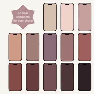 Op de afbeelding: Een verzameling van 13 telefoonachtergronden in verschillende tinten bruin, beige en mauve. De achtergronden worden weergegeven als telefoonschermen met een zwarte camera-uitsparing aan de bovenkant. Tekst in een stervorm luidt "13 effen achtergronden voor je telefoon."