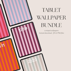 Op de afbeelding: Tablets met gestreepte wallpapers in verschillende kleuren, waaronder roze, oranje en blauw. De afbeelding bevat de tekst "TABLET WALLPAPER BUNDLE" en "5 striped wallpapers".