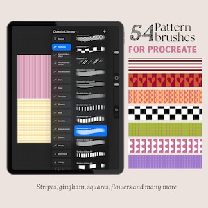 Procreate Pattern Brush Set | 54 Seamless Brushes | Stripes, Dots, Flowers, Checkered & Gingham Brushes | iPad Digital Download