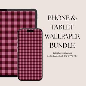 Op de afbeelding: Een digitale achtergrondbundel voor telefoon en tablet met een donker kastanjebruin en lichtroze gingham ruitpatroon. De tekst luidt: PHONE & TABLET WALLPAPER BUNDLE, 2 gingham wallpapers, Instant download - JPG & PNG files.