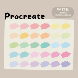 Op de afbeelding: Een digitaal kleurenpalet voor Procreate met 30 pastelkleur stalen. Het palet bevat tinten roze, geel, oranje, groen, blauw en paars. Het woord "Procreate" is in het zwart geschreven en het woord "Pastel" staat in een grijze ovaal.