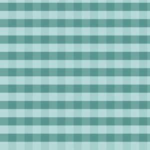 Op de afbeelding: Een herhalend vichy-patroon met een raster van afwisselende vierkanten in tinten blauwgroen en licht muntgroen. Het ontwerp bestaat uit horizontale en verticale lijnen die elkaar kruisen om een gelijkmatige, geblokte textielprint te vormen.
