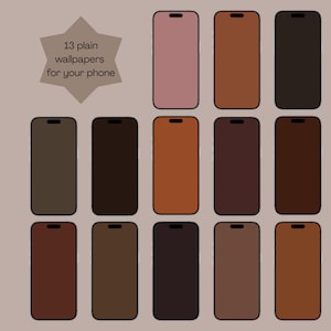 Op de afbeelding: Dertien rechthoekige telefoonachtergronden in diverse effen aardetinten, waaronder bruin, beige en gedempt roze. De tekst 13 plain wallpapers for your phone wordt weergegeven in een stervormige afbeelding aan de linkerkant van het beeld.