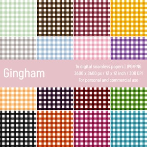 Op de afbeelding: Zestien digitale naadloze ruitpatronen in verschillende kleuren, waaronder groen, bruin, rood, geel, grijs, blauw, roze en paars. De patronen zijn 30,48 cm x 30,48 cm en geschikt voor persoonlijk en commercieel gebruik.