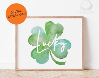 St. Patrick's Day Printable; Lucky Wall Art; Green Paint Decor; Clover Watercolor