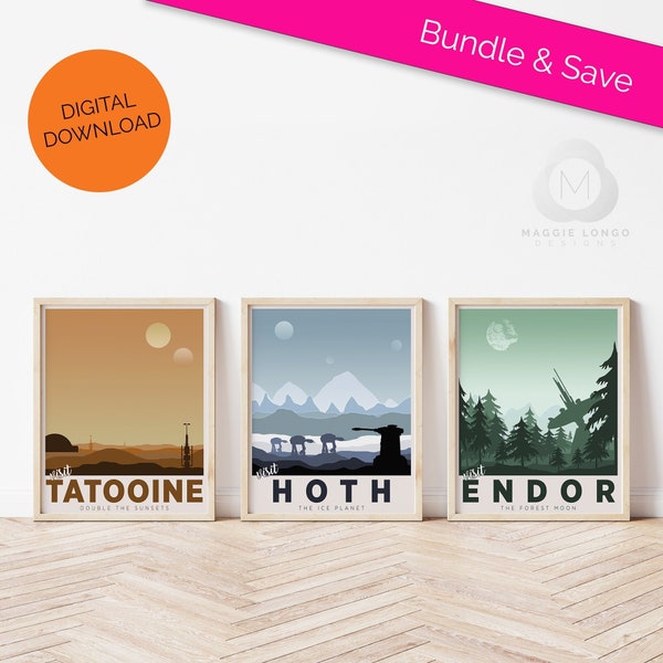 Tatooine Hoth Endor Travel Posters Bundle, Star Wars, Printable Wall Art, Digital Download Print