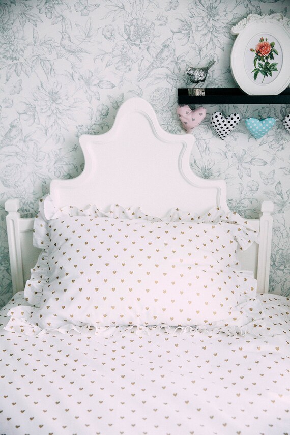White Gold Heart Ruffle Comforter Set For Kids White Metallic Etsy