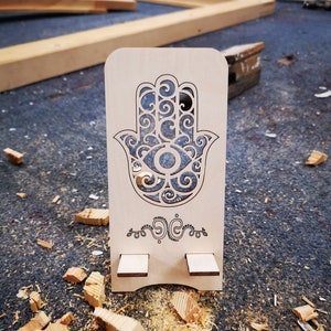 Cell phone holder, Cell phone stand, wooden stand, engraved stand, Buddha engraving, Buddhist , Home gifts, Office desk accessories, hand,