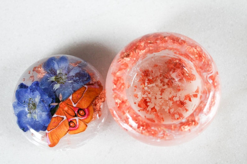 Colorful Home Decor Nature Small Resin Box Copper Flakes and Moth Cottagecore Style Gifts for Her Trinket or Ring box with Blue Flower