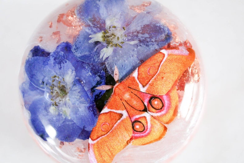 Colorful Home Decor Nature Small Resin Box Copper Flakes and Moth Cottagecore Style Gifts for Her Trinket or Ring box with Blue Flower