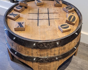 Noughts and crosses handmade oak whiskey barrel table