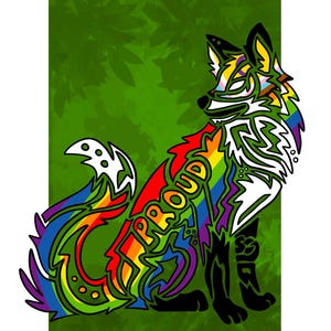 Könnte beinhalten: Bunte Illustration eines Fuchses mit Regenbogenmuster und dem Wort "PROUD" auf der Seite. Der Fuchs ist vor einem grünen Hintergrund mit blattartigen Formen platziert.