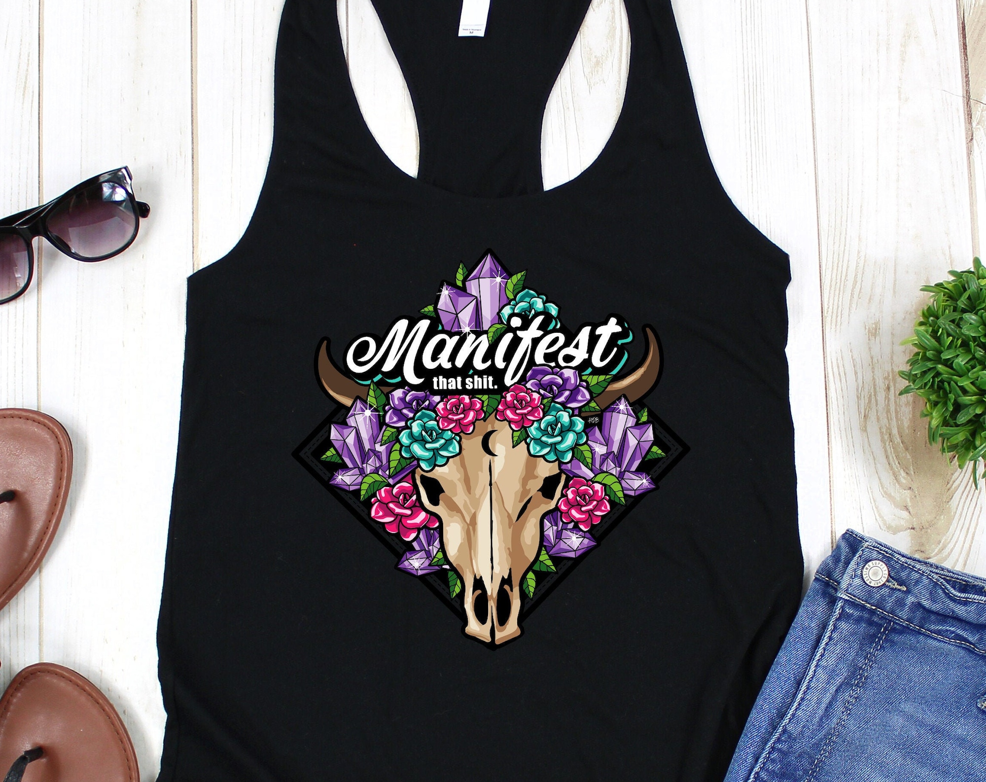 Discover Manifest That Shit Tank Top Boho Skull & Crystals