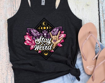 Stay Weird Tank, Moon and Hand Celestial Star Shirt, Mystical Crystals Witchy Top, Moon Phase Death Head Moth Skull Shirt, Comfy and Stylish