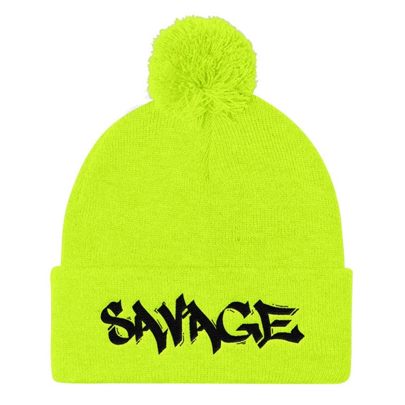 Go All Out Adult Savage Embroidered Knit Beanie Pom Cap