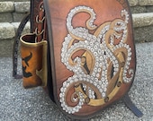 Leather kraken, entirely handcrafted, nautically themed backpack