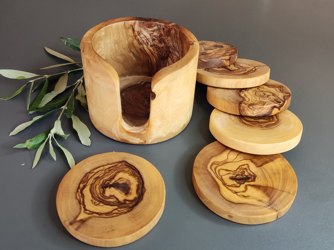 Lot De 6 Sous-verres En Bois D'olivier Avec Support - Marron - Occasion Très Bon état - Décoration Naturelle
