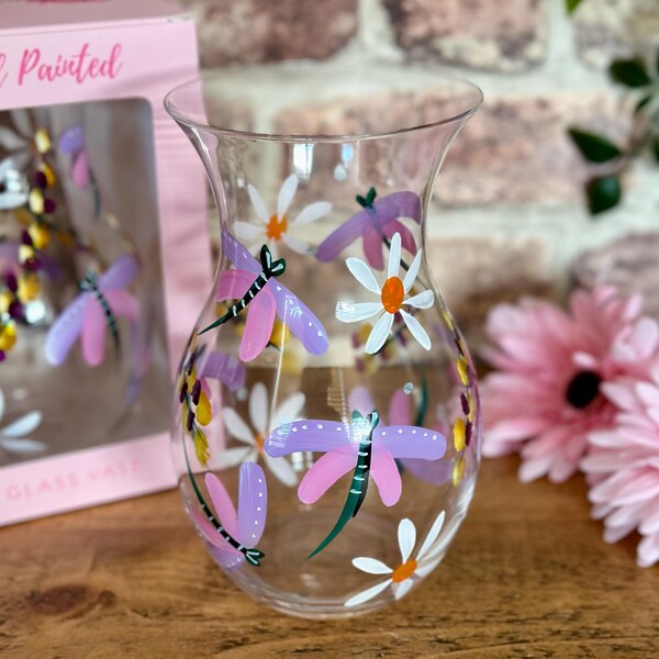 Dragonfly & Flower  Giftboxed Hand-painted Glass Vase