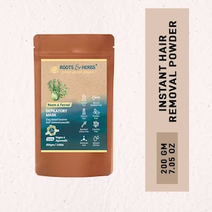 May include: A brown pouch with a label that reads "ROOTS & HERBS" and "Neem & Fennel DEPILATORY MASK". The pouch contains a clay-based instant hair removal powder. The label also lists ingredients and states that the product is 100% vegan and ayurvedic. The pouch is labeled with "200gm / 7.05oz". The pouch is sitting on a light brown background with the text "INSTANT HAIR REMOVAL POWDER" and "200 GM 7.05 OZ" in black.